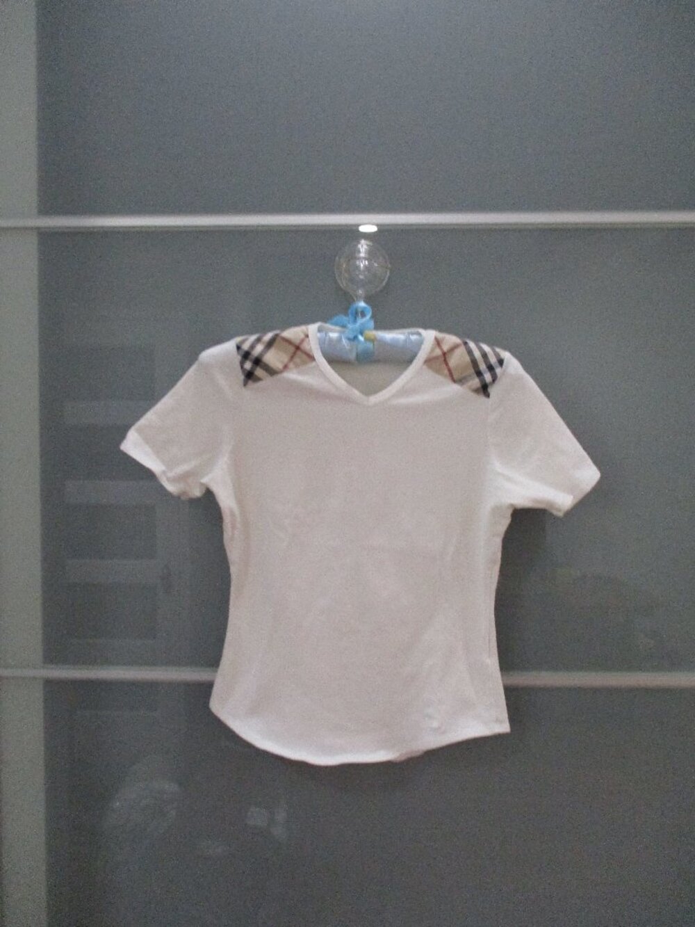 Burberry London Nova Check Shoulders V-Neck White Tee